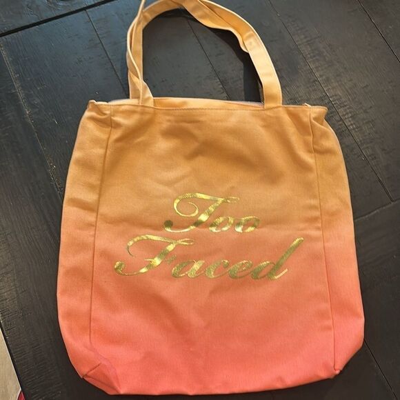TOO FACED Sweet As A Peach Gold Foil Ombre Beach Lined Canvas Tote Shopper Bag‍‍ - Picture 6 of 7